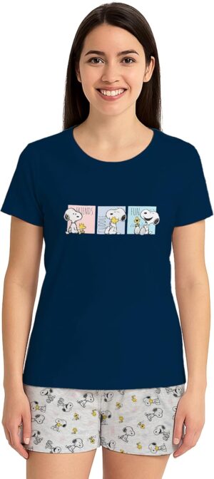 Pyjama femme Peanuts Snoopy manches courtes avec short bleu gris