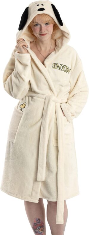 Peignoir Snoopy Peanuts crème à capuche en polaire pour femme