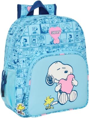Sac à dos scolaire Snoopy Love bleu clair, adaptable au chariot, 32 x 12 x 38 cm