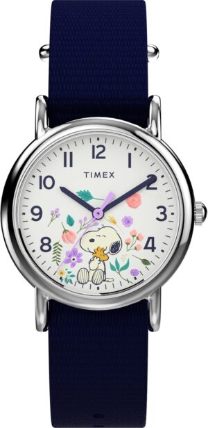 Montre Timex Peanuts Snoopy, bracelet en tissu bleu et boîtier argenté 31 mm