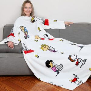 Plaid polaire à manches Peanuts Snoopy avec poche kangourou, blanc 140 x 180 cm
