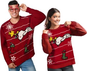 Pull d'hiver Peanuts Snoopy rouge unisexe, style Ugly Sweater