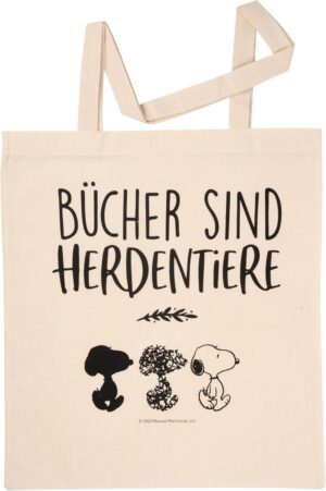 Sac cabas Peanuts Snoopy beige naturel avec inscription Bücher sind Herdentiere