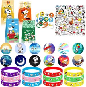 Coffret anniversaire Snoopy 86 pièces avec bracelets, sacs, insignes et autocollants