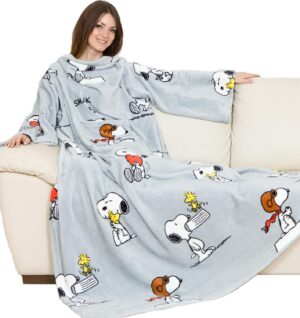 Couverture Snoopy Kanguru De Luxe avec manches, poche ventrale et coloris gris
