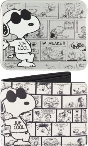 Portefeuille fin Snoopy Joe Cool motif cacahuètes avec étui décoratif en étain