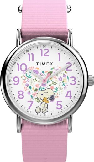 Montre femme Timex Peanuts Snoopy, tissu rose et cadran blanc 38 mm