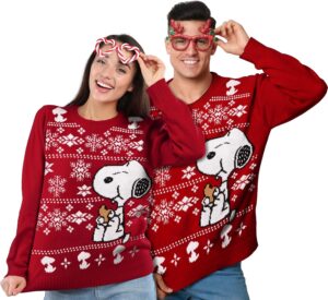 Pull d’hiver Peanuts Snoopy rouge unisexe style Ugly Sweater
