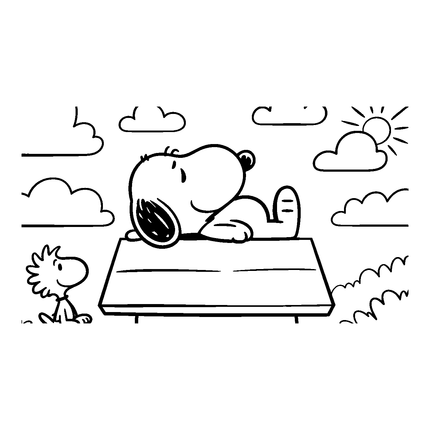 Coloriage Snoopy gratuit à imprimer : Snoopy heureux avec des étoiles